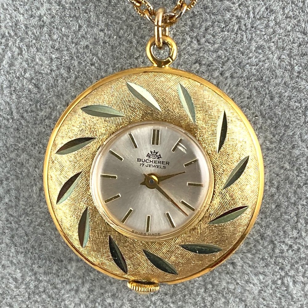 Vintage Bucherer 17 Jewel Diamond Cut Gold Tone Pendant Watch Wind Up Running